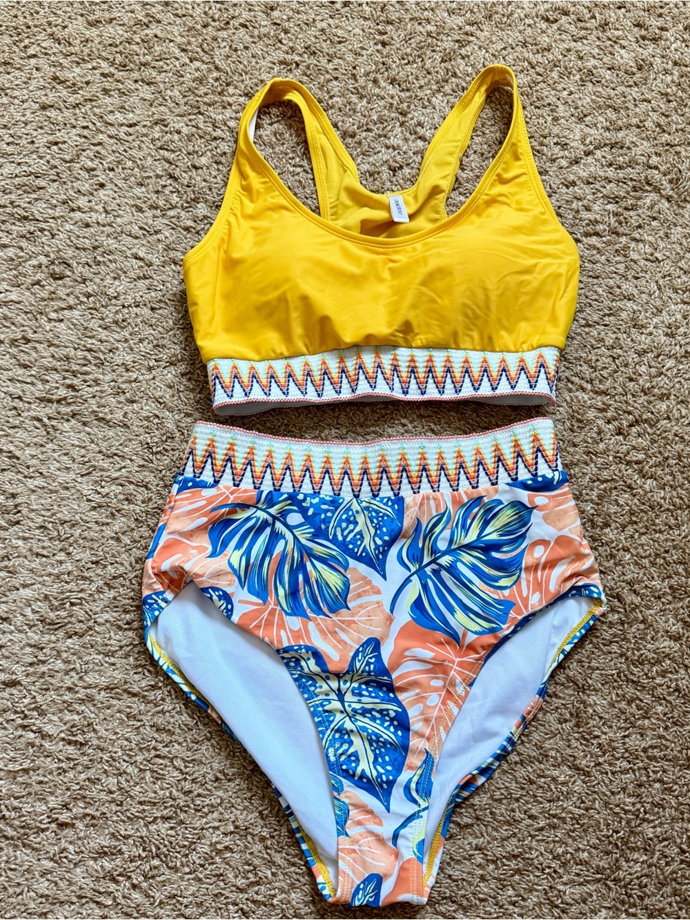 NWOT 2 piece Swimsuit Racer Back Tropical Embroidered